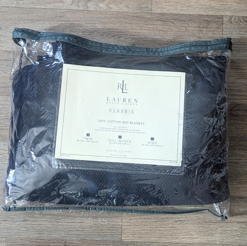NWT Lauren Ralph Lauren Classic 100% Cotton Bed Blanket Twin Size Navy Blue